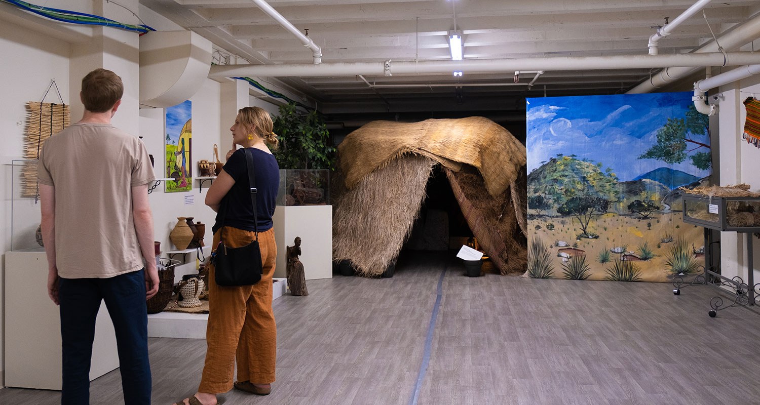 couple looking at artifacts on a wall at museum